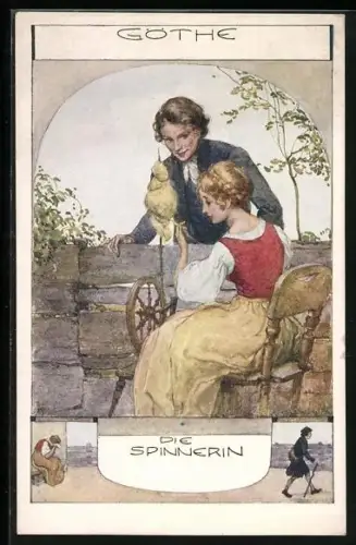 AK Goethe, Frau am Spinnrad, Spinnerin