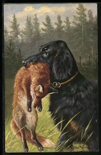 Künstler-AK August Müller - München: Jagdhund hat Fuchs erlegt