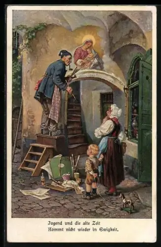 Künstler-AK sign. J. Frank: Die gute alte Zeit, Beschauliche Arbeit