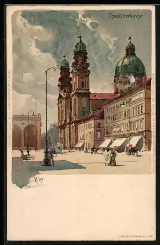 Künstler-AK Heinrich Kley: München, auf dem Platz vor der Theatinerkirche
