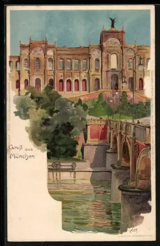 Künstler-Lithographie Heinrich Kley: München, Brückenpartie