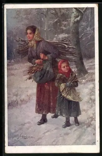 Künstler-AK Josef Süss: Reisigsammlerin im Winterwald