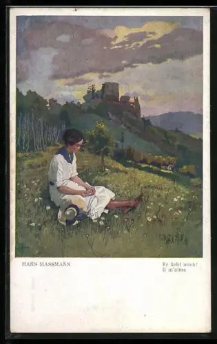 Künstler-AK sign. Hans Massmann: verliebte junge Dame sitzt auf der Wiese vor einer Burgruine