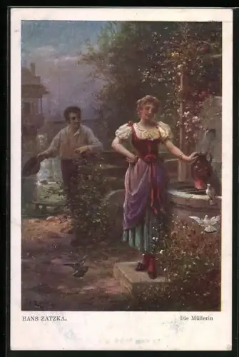 Künstler-AK Hans Zatzka Nr. 628: Bauer mit Müllerin an einem Brunnen