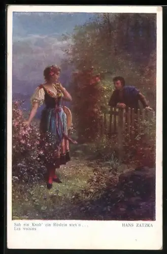 Künstler-AK Hans Zatzka: Sah ein Knab` ein Röslein steh`n, Begegnung am Zaun