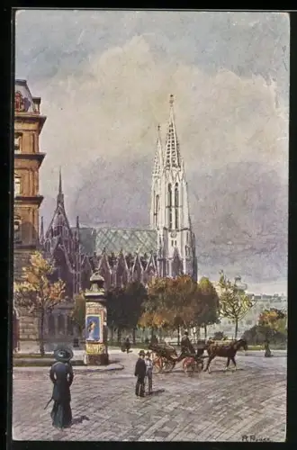 Künstler-AK R. Preuss: Wien, Votivkirche, Litfasssäule, Leute