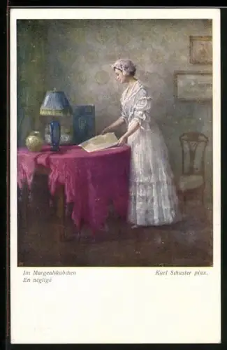 Künstler-AK Karl Maria Schuster: Dame im Morgenhäubchen