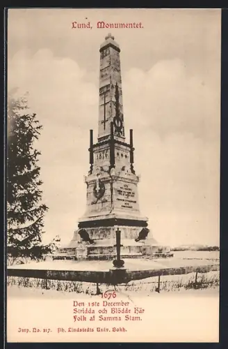 AK Lund, Monument, 1676, Den 1ste December, Stridda och Blödde Här, Folk af Samma Stam