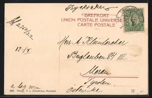 AK Qvistrum, Ortsansicht mit Brücke aus der Vogelschau