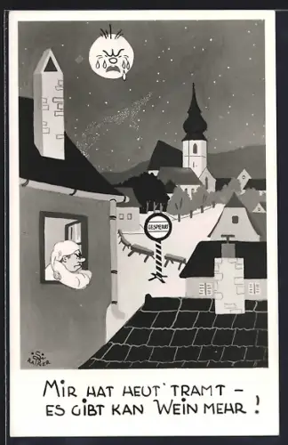 Künstler-AK Wien, Strassenpartie mit Mann am Fenster und Kirche bei Mondschein