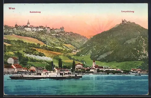AK Wien, Uferpartie mit Kahlenberg und Leopoldsberg
