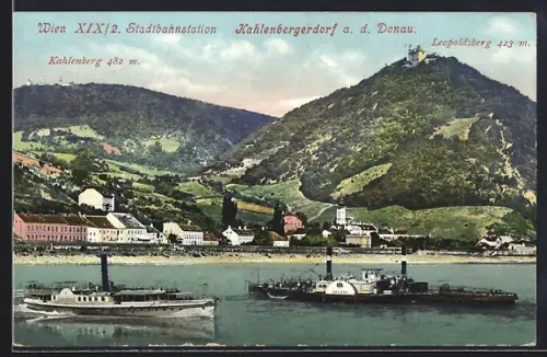 AK Wien, Kahlenbergerdorf a. d. Donau, Uferpartie mit Kahlenberg, Leopoldsberg und Dampfer Ludwig