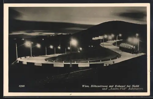 AK Wien, Höhenstrasse mit Kobenzl bei Nacht und Austro-Fiat Autobussen