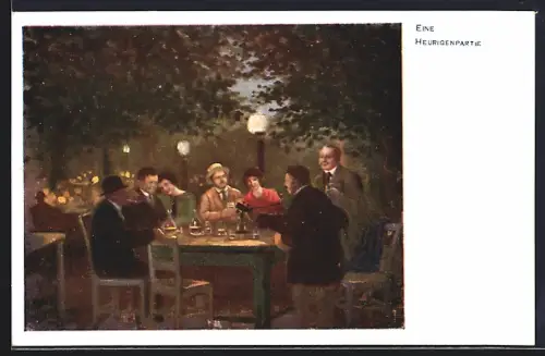 Künstler-AK Wien, Feiernde abends am Tisch