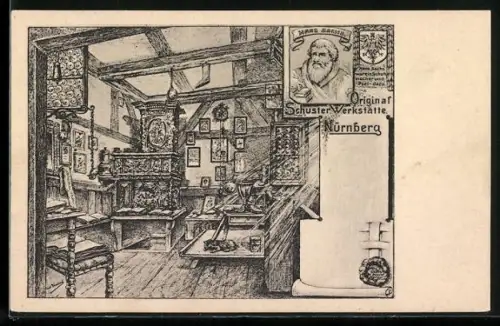 Künstler-AK Nürnberg, Hans Sachs Schusterwerkstätte, Hans-Sachs-Haus
