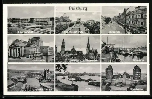 AK Duisburg, Hauptbahnhof, König-Heinrich-Platz, Königstrasse, Stadttheater, Rheinpartie, Hafenpartie, Rathaus