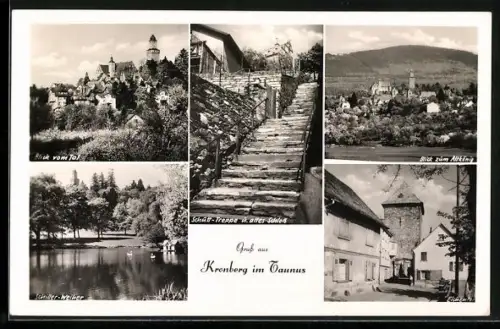 AK Kronberg im Taunus, Blick vom Tal, Schiller-Weiher, Schütt-Treppe u. altes Schloss, Eichentor u.a.
