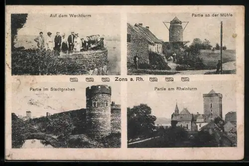 AK Zons, Wachtturm, Mühle, Stadtgraben