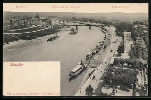 AK Dresden, Ortsansicht mit Ministerien, Albert- und Carola-Brücke und Brühlsche Terrasse