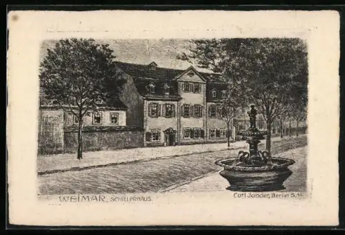 Künstler-AK sign. Carl Jander: Weimar / Thüringen, Schillerhaus mit Brunnen