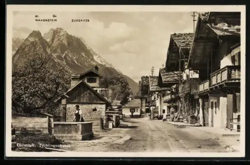 AK Garmisch, Frühlingsstrasse mit kl. u. Gr. Waxenstein und Zugspitze