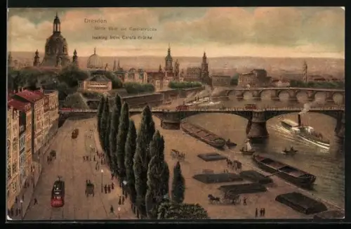 AK Dresden, Blick über die Carolabrücke mit Strassenbahn