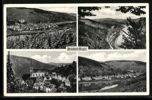 AK Briedel /Mosel, Teilansichten ins Tal, Flusspartie und Kirche
