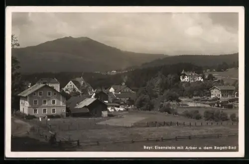 AK Bayerisch Eisenstein, Panorama mit Arber u. dem Regen-Bad, Hotel-Pension Liebe