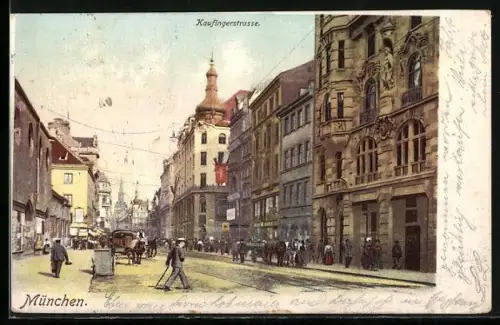 AK München, Kaufingerstrasse mit Fussverkehr und Pferdewagen