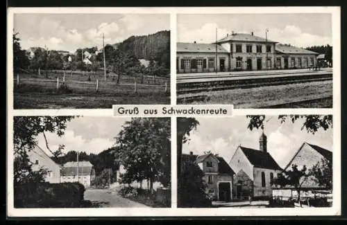 AK Schwackenreute, Bahnhof, Kirche, Ortspartie