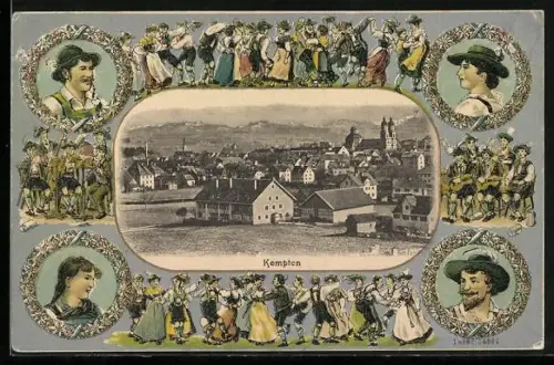 Lithographie Kempten / Allgäu, Ortsansicht von oben, Rahmen-Portraits mit bayerischen Trachten