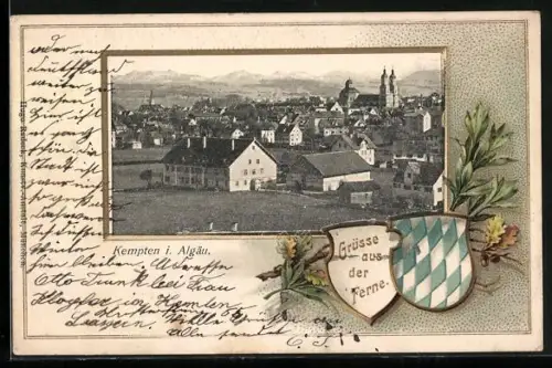 Passepartout-Lithographie Kempten i. Allgäu, Ortsansicht aus der Vogelschau, Wappen