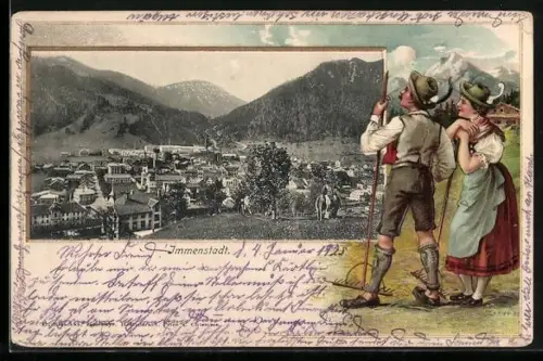 Passepartout-Lithographie Immenstadt, Panoramablick auf den Ort, Bauern bei der Landarbeit