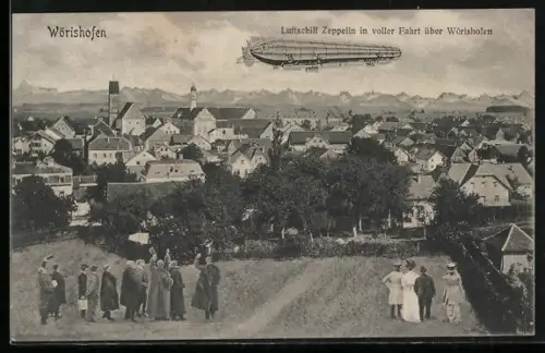 AK Wörishofen, Luftschiff Zeppelin in voller Fahrt über dem Ort