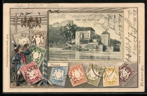 Lithographie Passau, Ober- und Niederhaus, Briefmarken