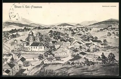 Künstler-AK sign. Hans Pernat: Unt.-Frauenau, Ortsansicht aus der Vogelschau