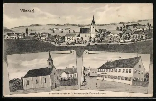 Künstler-AK sign. Hans Pernat: Witzeldorf, Sebastianskirche und Mädchenschule Frontenhausen, Ortsansicht