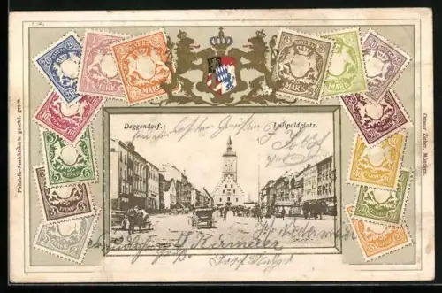 Lithographie Deggendorf, Luitpoldplatz, Briefmarken, Wappen