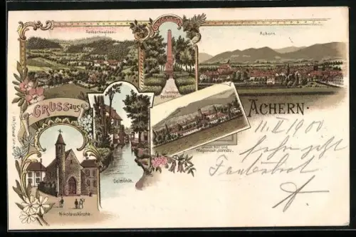 Lithographie Achern, Flusspartie mit Blick zur Oelmühle, Turennedenkmal, Nikolauskirche mit Passanten