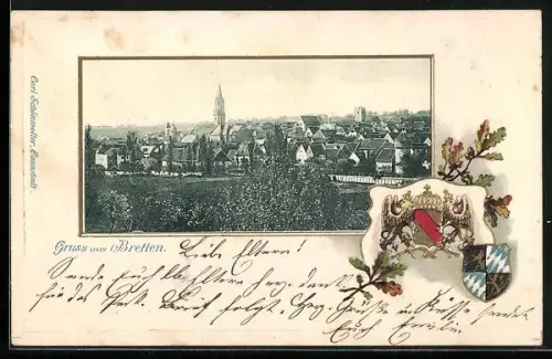 Passepartout-Lithographie Bretten, Ortsansicht aus der Vogelschau, Wappen