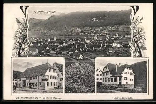 AK Nusplingen / Hohenzollern, Eisenwarenhandlung v. Wilhelm Kessler, Kleinkinderschule, Ortsansicht