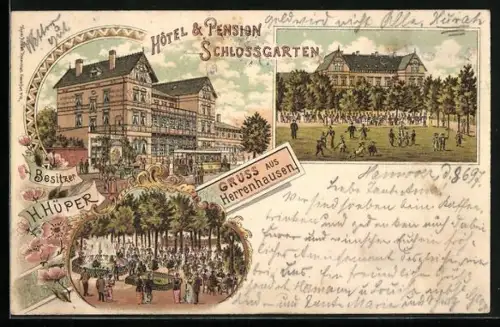 Lithographie Herrenhausen, Hotel & Pension Schlossgarten, Bes. H. Hüper