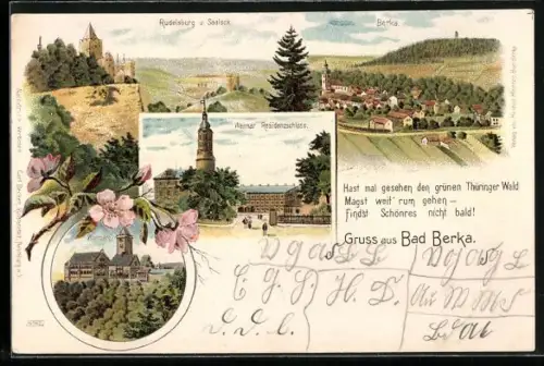 Lithographie Bad Berka, Rudelsburg, Weimar Residenzschloss, Wartburg, Ortschaft, Gedicht um 1900