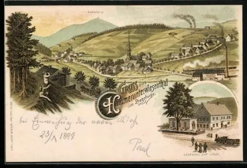 Lithographie Hammerunterwiesenthal im Erzgebirge, Gasthaus zur Linde, Ortsansicht aus der Vogelschau