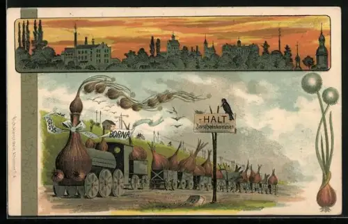 Lithographie Borna / Leipzig, Panorama und Eisenbahn - Zwiebelzug Halt Zwiebeln kommen