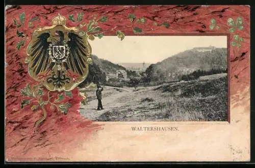 Passepartout-Lithographie Waltershausen / Thüringen, Ortsansicht aus der Vogelschau, Wappen