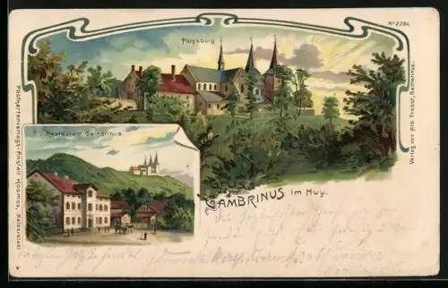 Lithographie Huy, Gasthaus Gambrinus, Blick auf die Huysburg