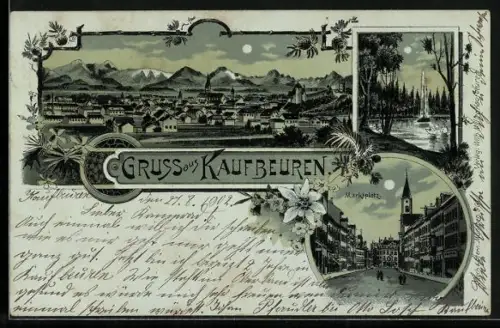 Mondschein-Lithographie Kaufbeuren, Marktplatz, Ortsansicht aus der Vogelschau
