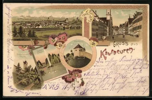 Lithographie Kaufbeuren, Fünfknöpfiger Turm, Jordan-Anlagen Hexenturm