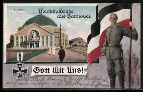 AK Hannover, Stadthalle, Eisernes Kreuz, Soldat mit Fahne
